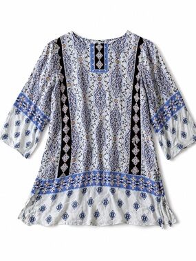 J. Jill Blue Paisley Tunic Blouse Size XS Boho Coastal